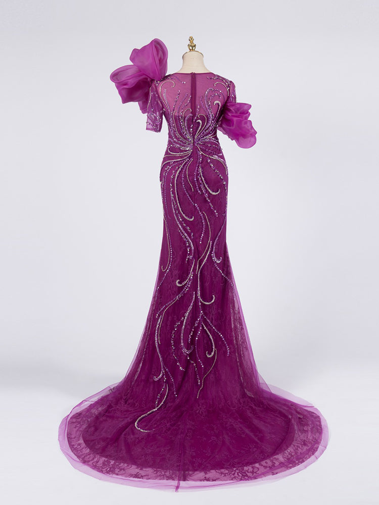 Deep Magenta Mermaid Gown - Puffy Organza Sleeves & Hand-Beaded Wave Pattern