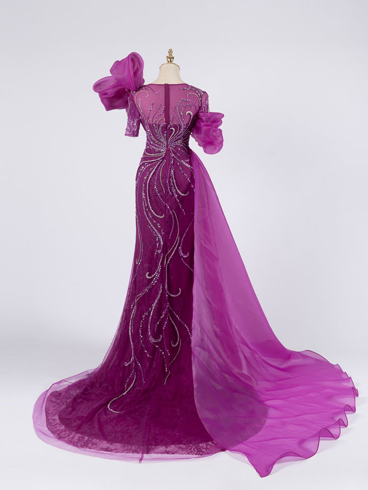 Deep Magenta Mermaid Gown - Puffy Organza Sleeves & Hand-Beaded Wave Pattern