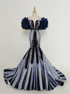 Silver-Blue & Black Mermaid Gown - Off-Shoulder Ruffled Sleeves & 3D Leaf Embellishments