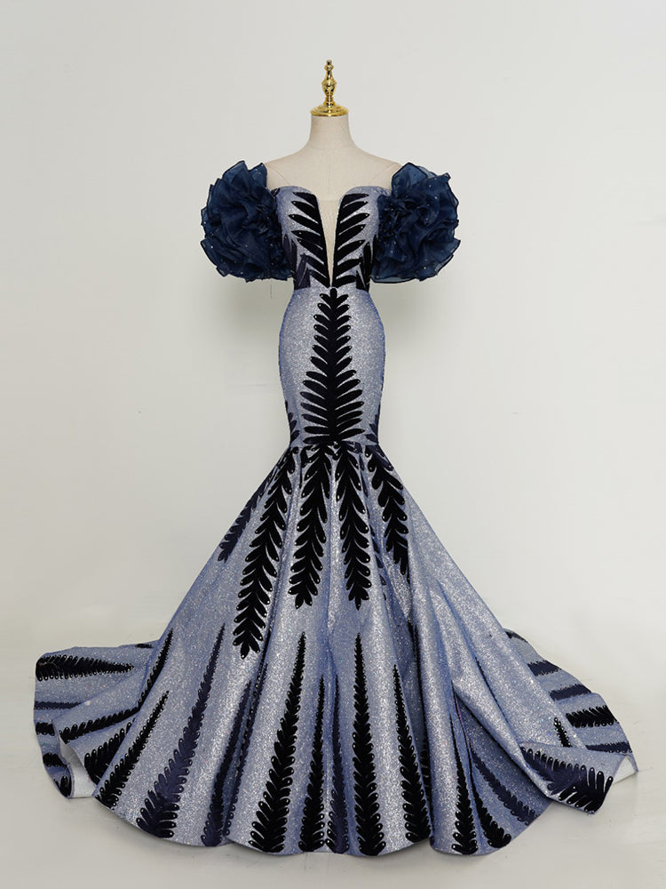 Silver-Blue & Black Mermaid Gown - Off-Shoulder Ruffled Sleeves & 3D Leaf Embellishments