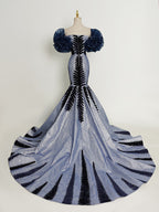 Silver-Blue & Black Mermaid Gown - Off-Shoulder Ruffled Sleeves & 3D Leaf Embellishments