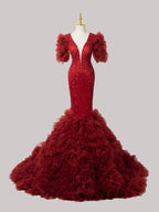Luxury Burgundy Formal Gown - Voluminous Ruffled Train & Deep V-Beaded Silhouette