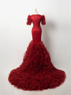 Luxury Burgundy Formal Gown - Voluminous Ruffled Train & Deep V-Beaded Silhouette