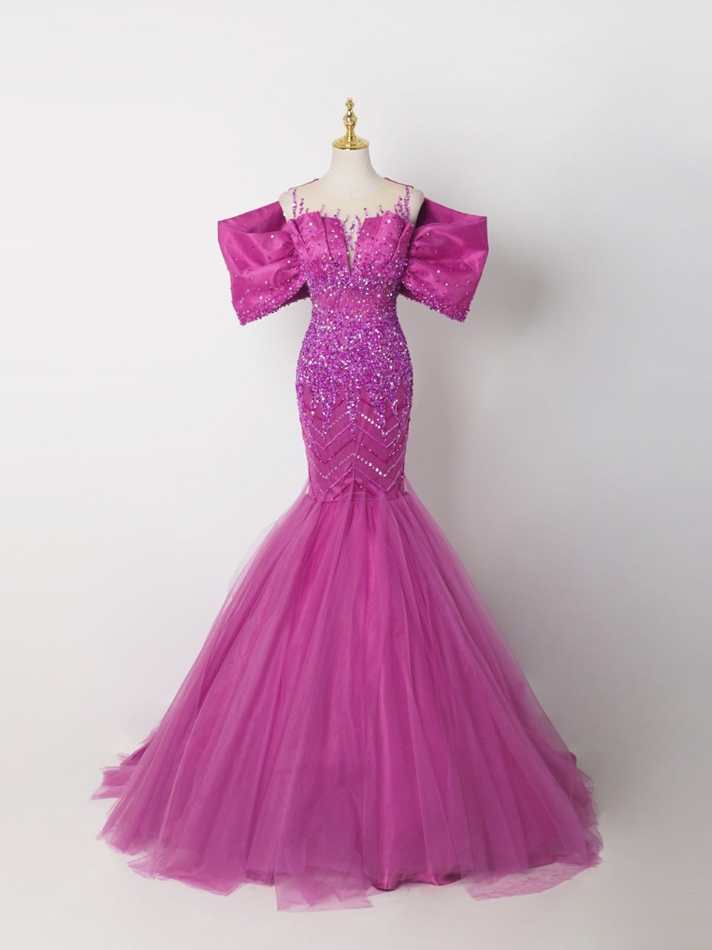 Vibrant Fuchsia Mermaid Gown - Puffy Organza Sleeves & Full Beaded Bodice