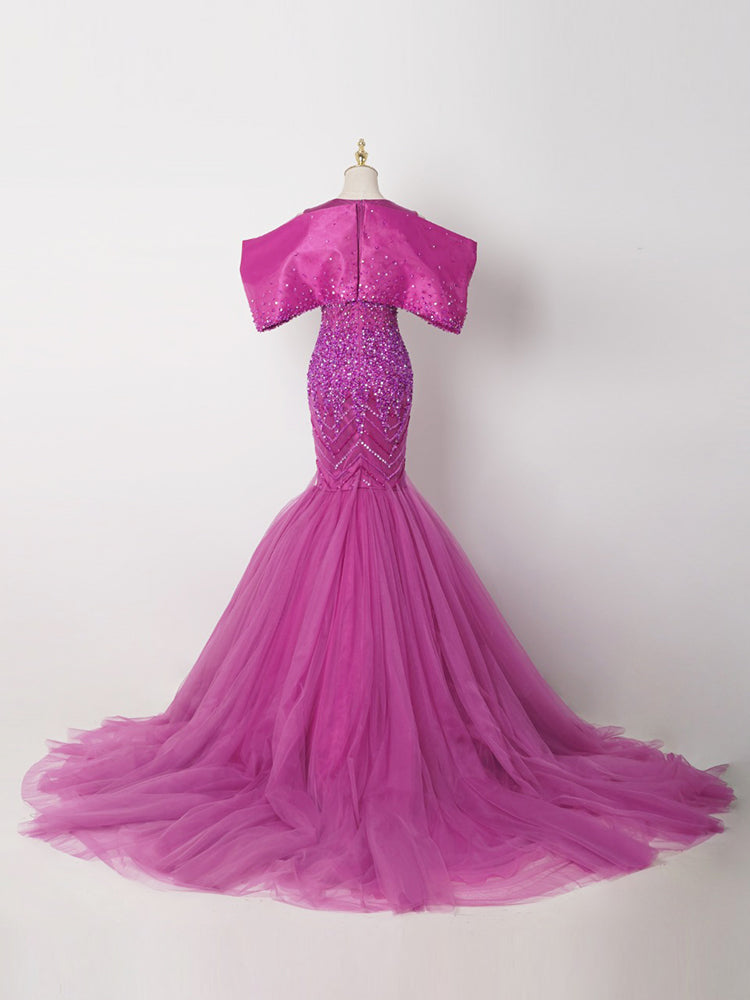Vibrant Fuchsia Mermaid Gown - Puffy Organza Sleeves & Full Beaded Bodice