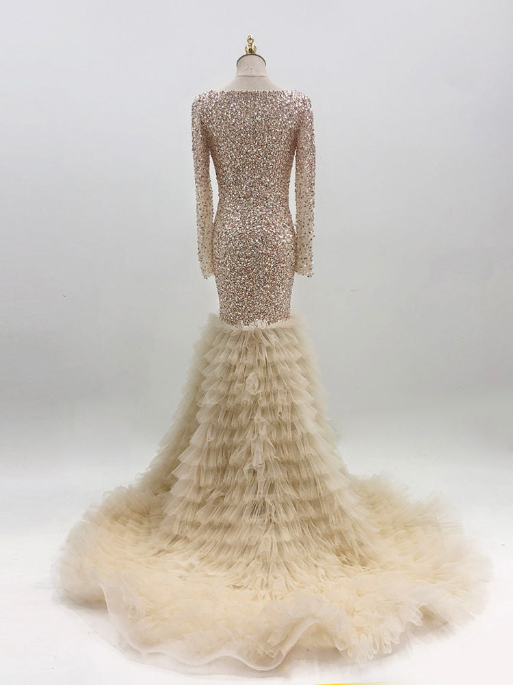 Champagne Mermaid Gown - Long-Sleeve Sequin Bodice & Tiered Tulle Train