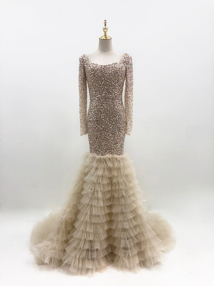 Champagne Mermaid Gown - Long-Sleeve Sequin Bodice & Tiered Tulle Train