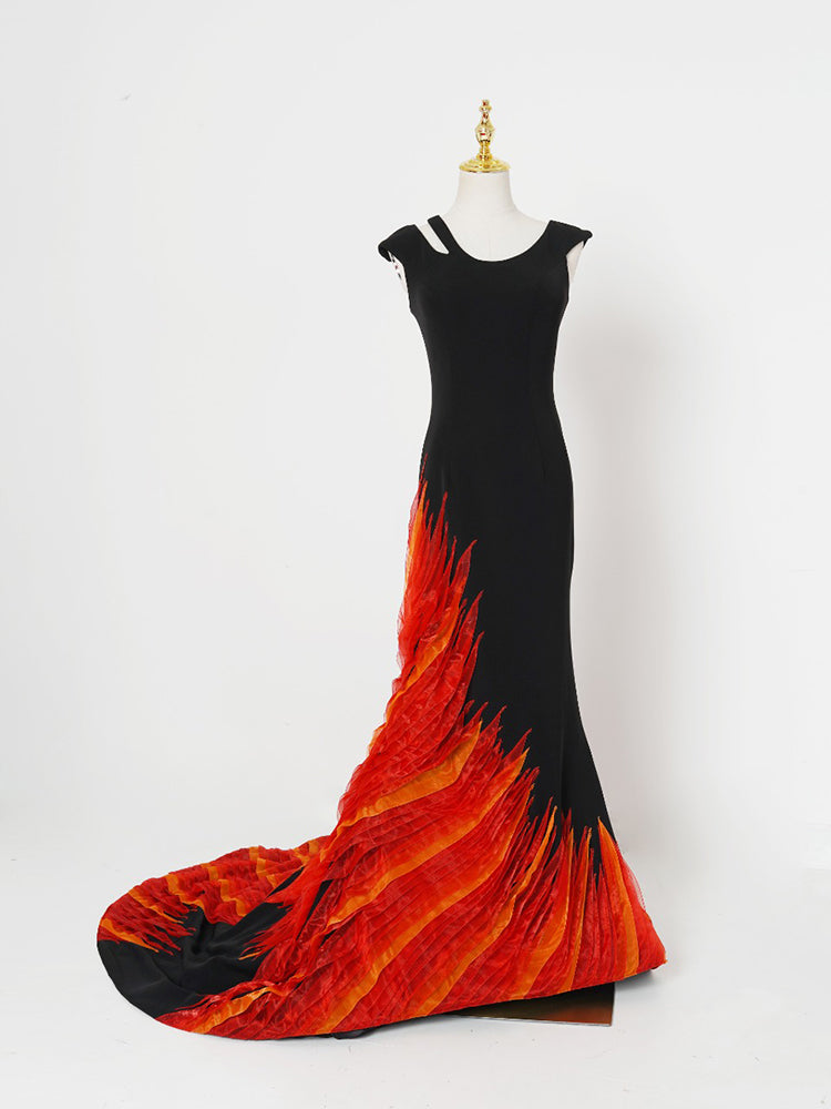 Black & Flame Red Mermaid Gown - Asymmetrical Cutout Bodice & Fire-Print Tulle Train
