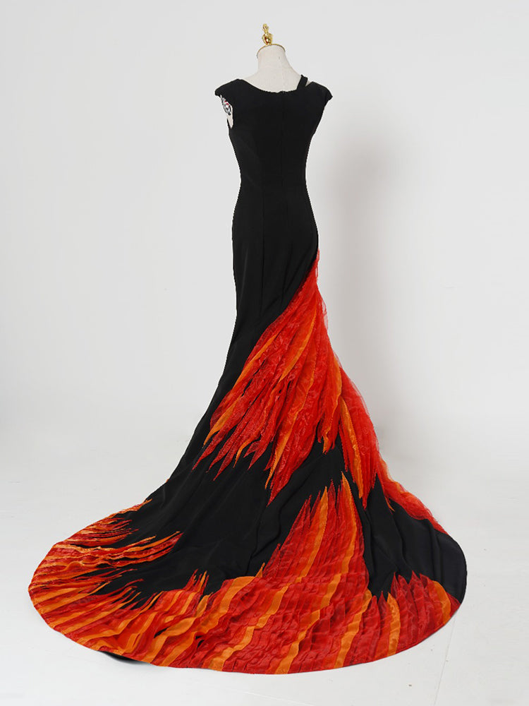 Black & Flame Red Mermaid Gown - Asymmetrical Cutout Bodice & Fire-Print Tulle Train