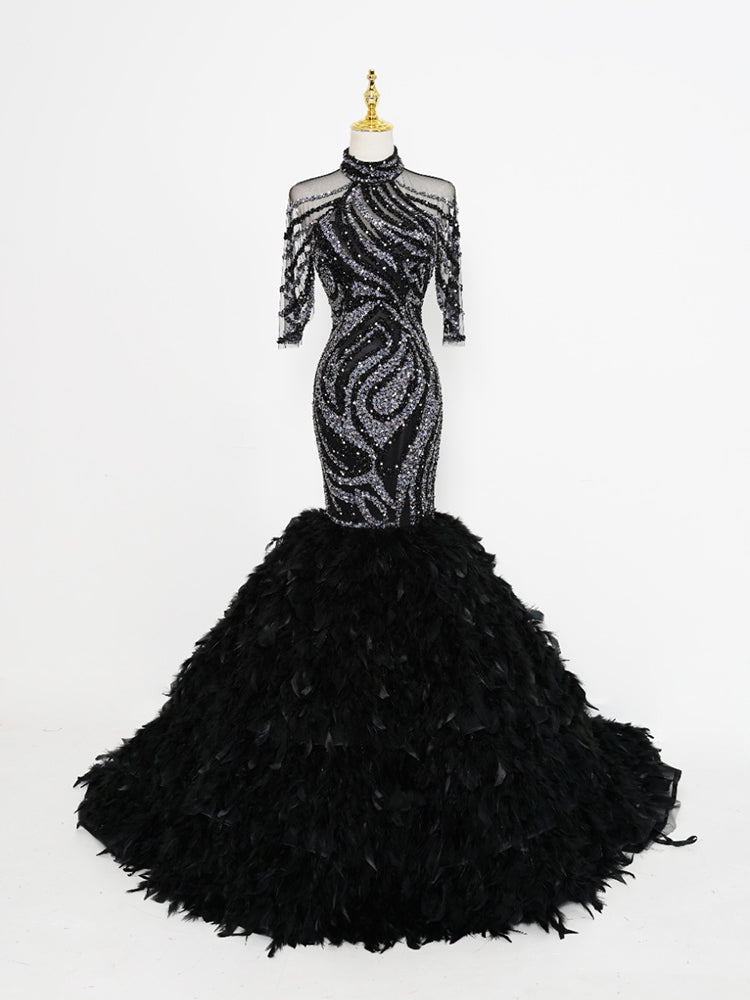 Black & Silver Mermaid Gown - High-Neck Sheer Beaded Bodice & Fluffy Feather Train