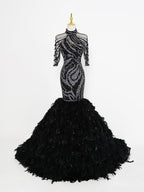 Black & Silver Mermaid Gown - High-Neck Sheer Beaded Bodice & Fluffy Feather Train
