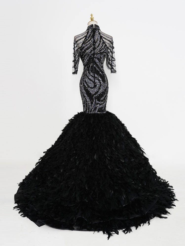 Black & Silver Mermaid Gown - High-Neck Sheer Beaded Bodice & Fluffy Feather Train
