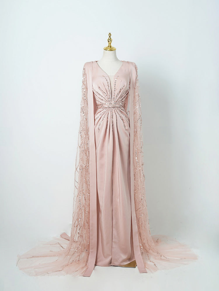 Blush Pink Formal Gown - Sequin-Embellished Capelet & Ruched Satin Bodice