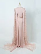 Blush Pink Formal Gown - Sequin-Embellished Capelet & Ruched Satin Bodice