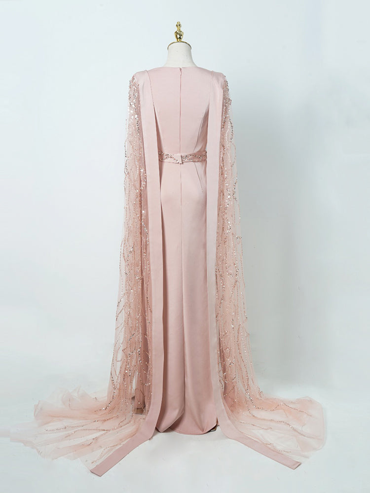 Blush Pink Formal Gown - Sequin-Embellished Capelet & Ruched Satin Bodice