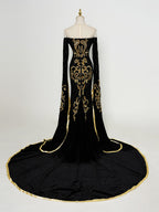 Luxury Black Formal Gown - Long-Sleeve Gold Embroidery
