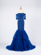 Royal Blue Mermaid Gown - Off-Shoulder Beaded Bodice & Feather-Accented Tiered Tulle Train