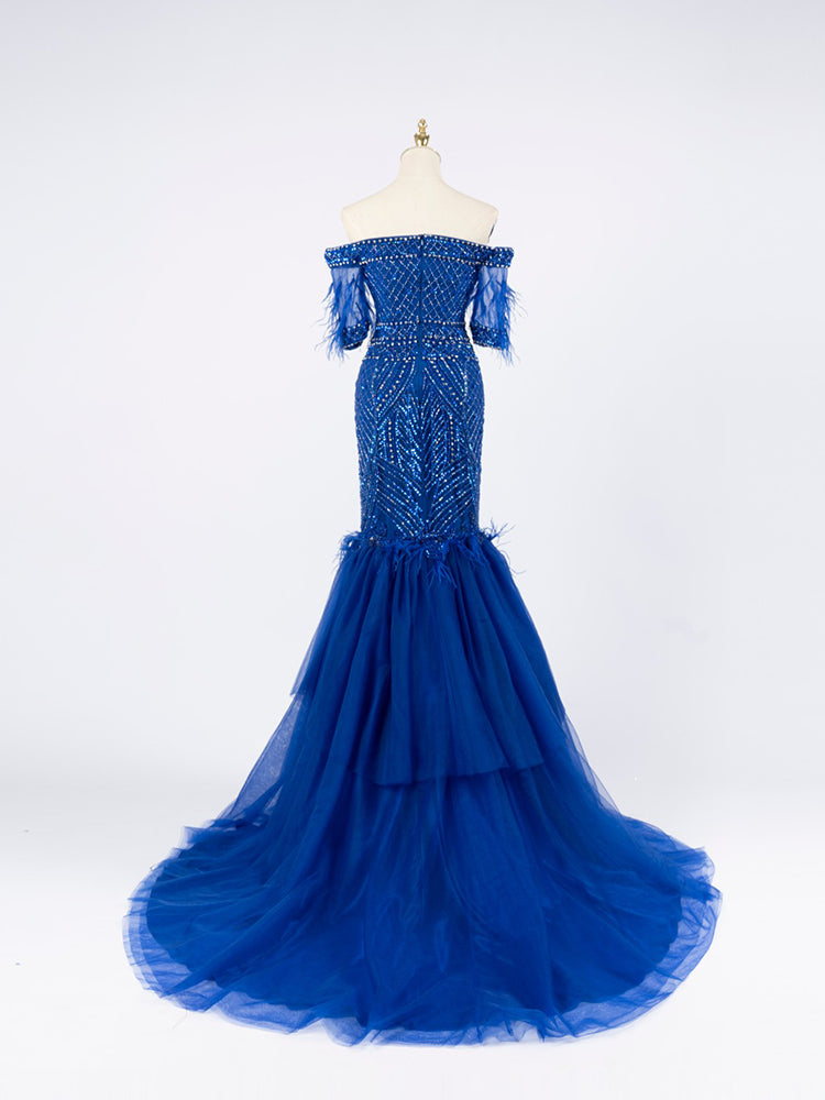 Royal Blue Mermaid Gown - Off-Shoulder Beaded Bodice & Feather-Accented Tiered Tulle Train