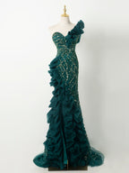 Emerald Green One-Shoulder Gown - Full Beaded Bodice & Ruffled Tulle Train