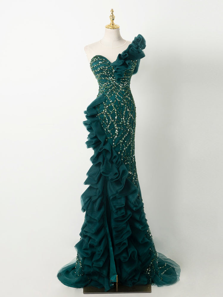 Emerald Green One-Shoulder Gown - Full Beaded Bodice & Ruffled Tulle Train