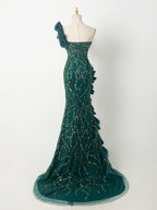 Emerald Green One-Shoulder Gown - Full Beaded Bodice & Ruffled Tulle Train