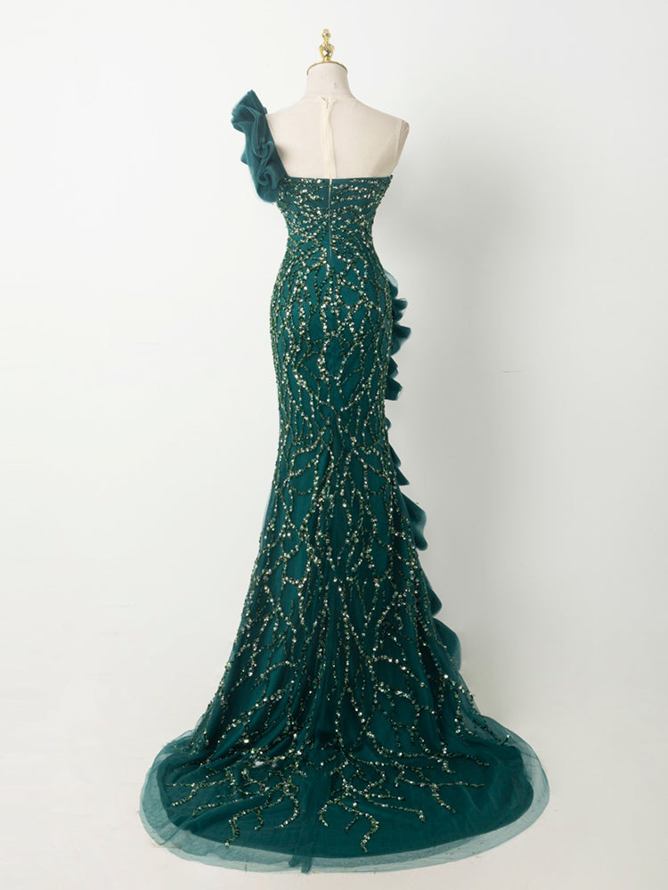 Emerald Green One-Shoulder Gown - Full Beaded Bodice & Ruffled Tulle Train