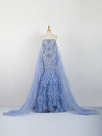 Light Blue Strapless Mermaid Gown with Tulle Cape | Sparkly Beaded Evening Dress for Prom/Wedding Guest
