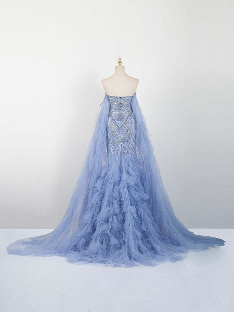 Light Blue Strapless Mermaid Gown with Tulle Cape | Sparkly Beaded Evening Dress for Prom/Wedding Guest