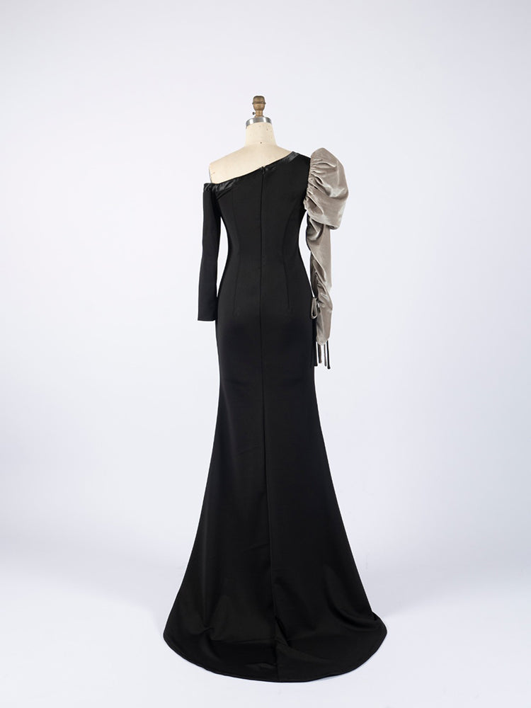 Black Mermaid Gown with Contrast Puff Sleeve | Elegant Formal Evening Dress for Gala