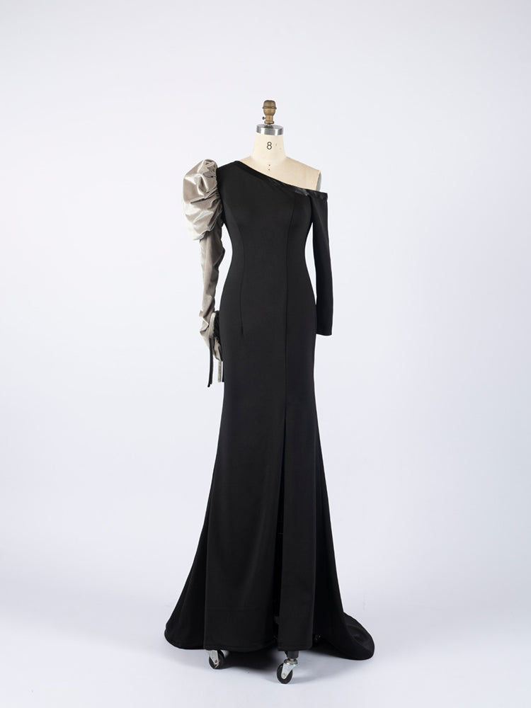 Black Mermaid Gown with Contrast Puff Sleeve | Elegant Formal Evening Dress for Gala