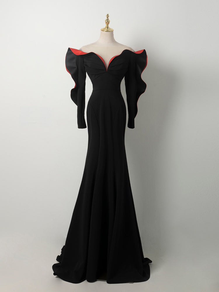 Black & Red Contrast Off-Shoulder Mermaid Gown | Ruffled Sleeve Formal Evening Dress