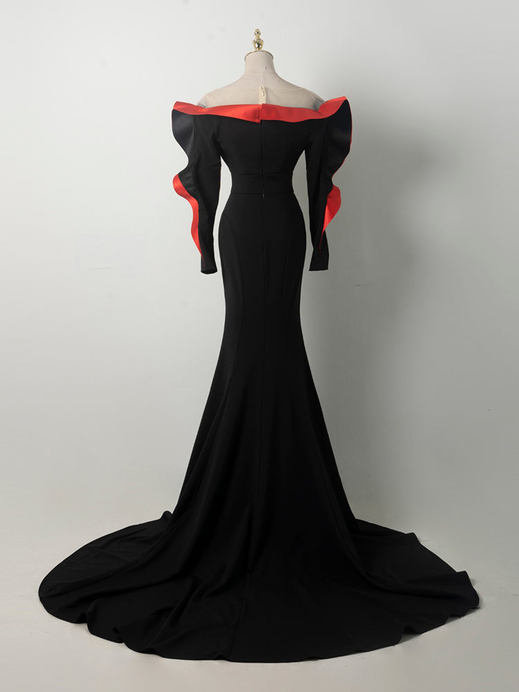 Black & Red Contrast Off-Shoulder Mermaid Gown | Ruffled Sleeve Formal Evening Dress