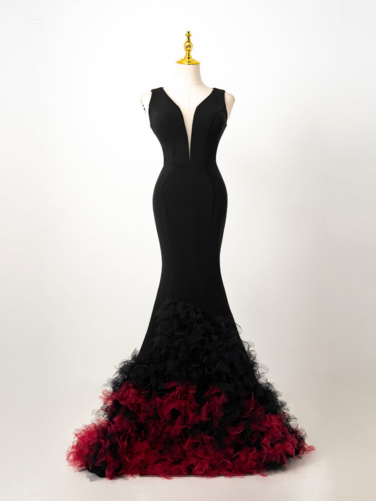 Black Deep V Sleeveless Mermaid Gown | Red & Black Ruffled Tulle Train Evening Dress