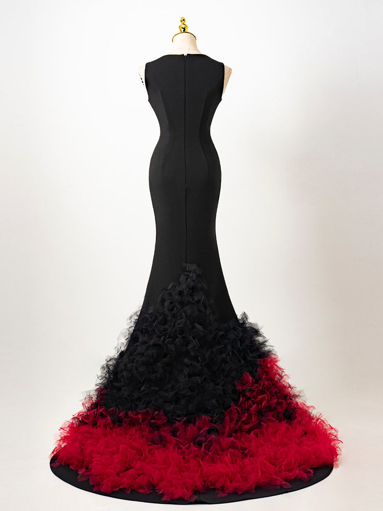 Black Deep V Sleeveless Mermaid Gown | Red & Black Ruffled Tulle Train Evening Dress