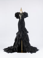 Black Mermaid Gown with Puff Sleeves | Floral Embroidery & Scalloped Beaded Train Evening Dress