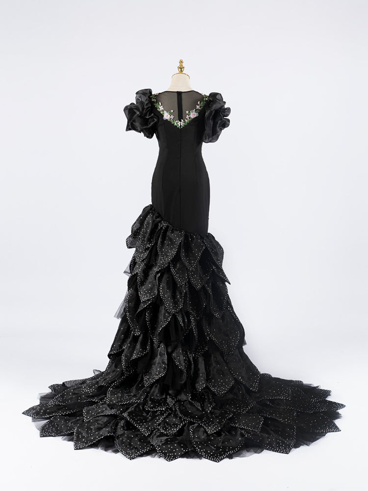 Black Mermaid Gown with Puff Sleeves | Floral Embroidery & Scalloped Beaded Train Evening Dress