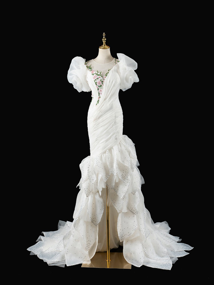 Black Mermaid Gown with Puff Sleeves | Floral Embroidery & Scalloped Beaded Train Evening Dress