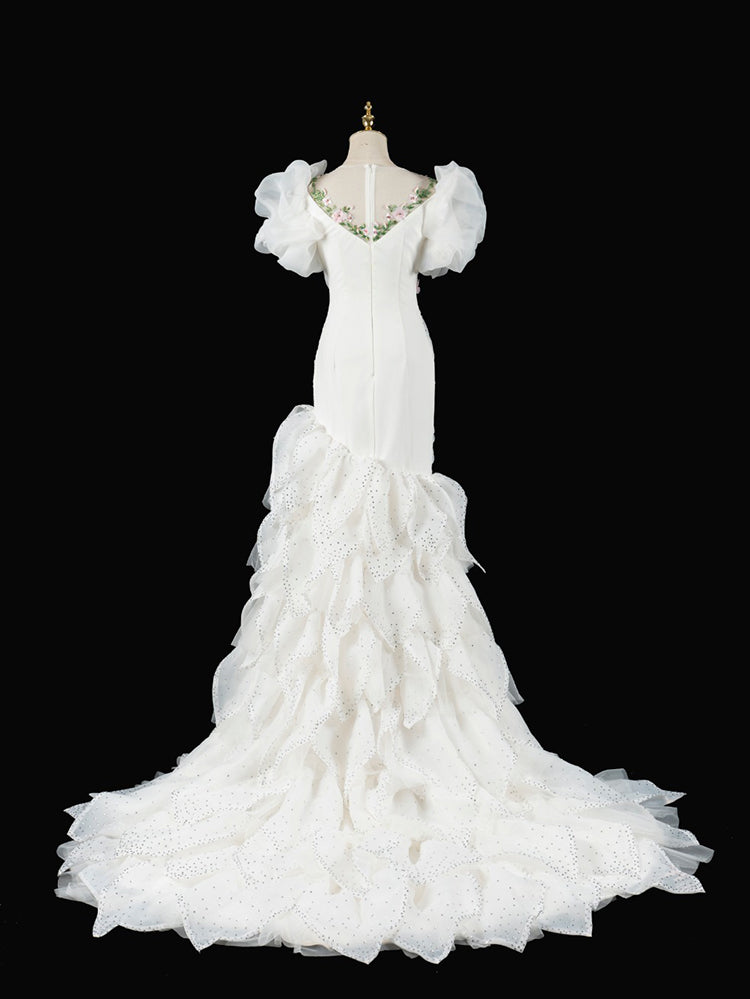 Black Mermaid Gown with Puff Sleeves | Floral Embroidery & Scalloped Beaded Train Evening Dress