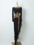 Black & Gold Sequin Formal Gown | Long Sleeve Feather Trim Bodycon Evening Dress