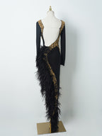 Black & Gold Sequin Formal Gown | Long Sleeve Feather Trim Bodycon Evening Dress