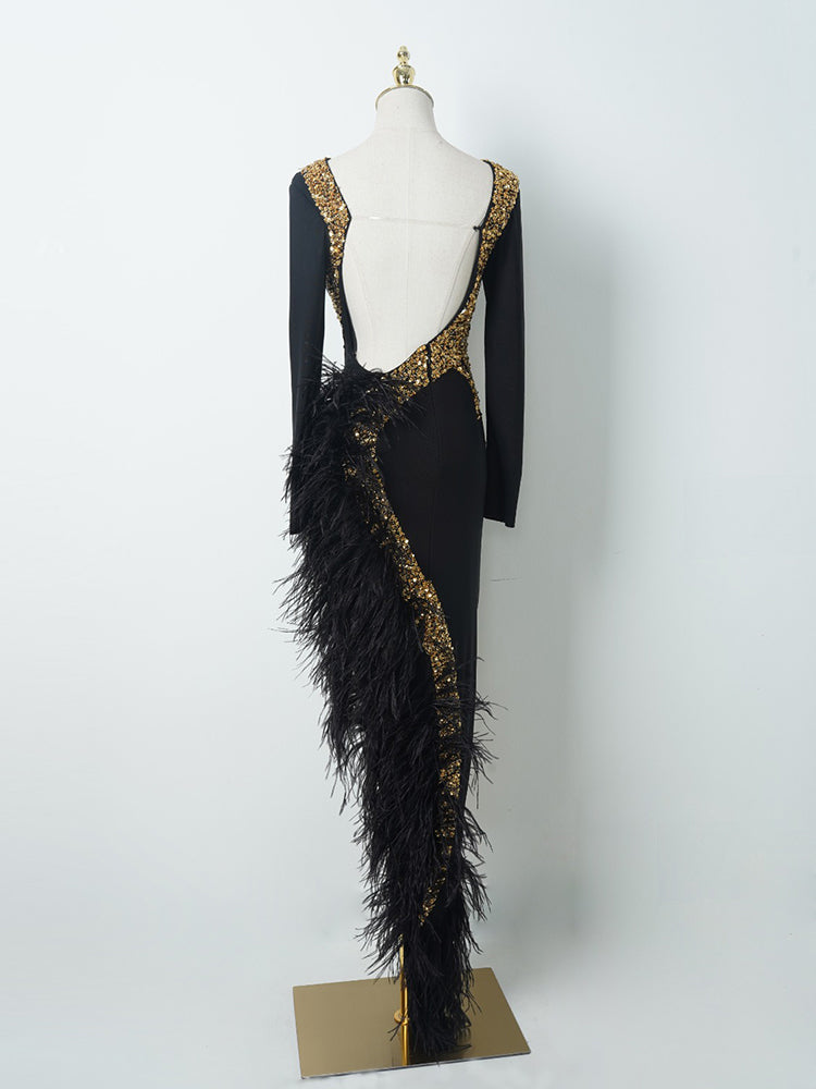 Black & Gold Sequin Formal Gown | Long Sleeve Feather Trim Bodycon Evening Dress