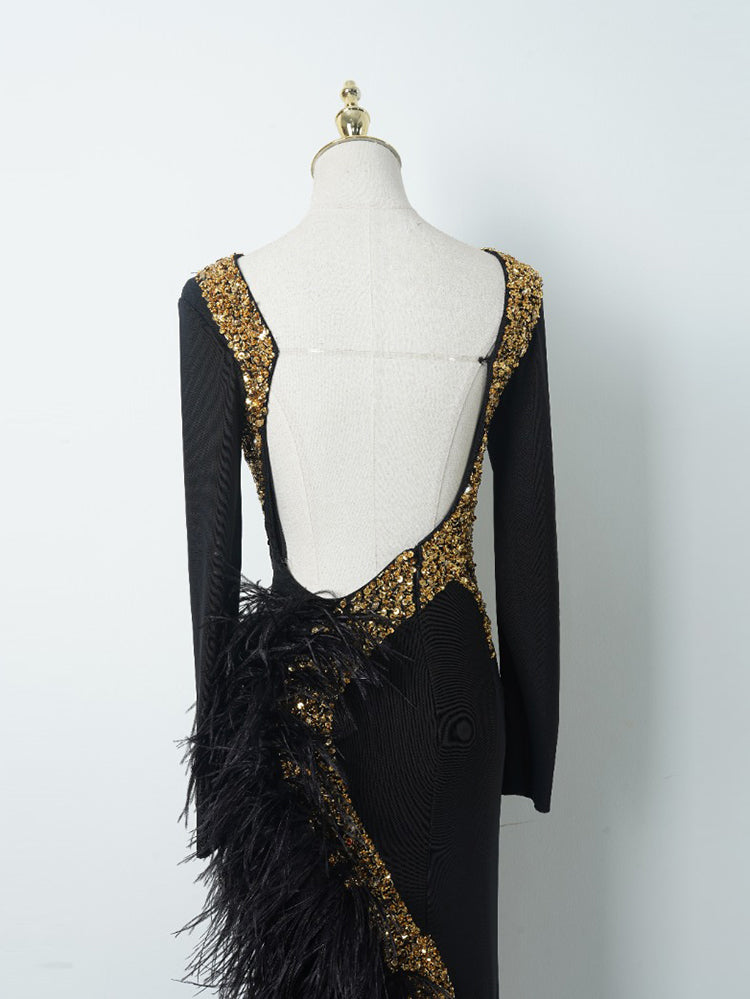 Black & Gold Sequin Formal Gown | Long Sleeve Feather Trim Bodycon Evening Dress