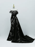 Black Off-Shoulder Mermaid Gown | Silver Crystal Plant-Pattern Formal Evening Dress with Train