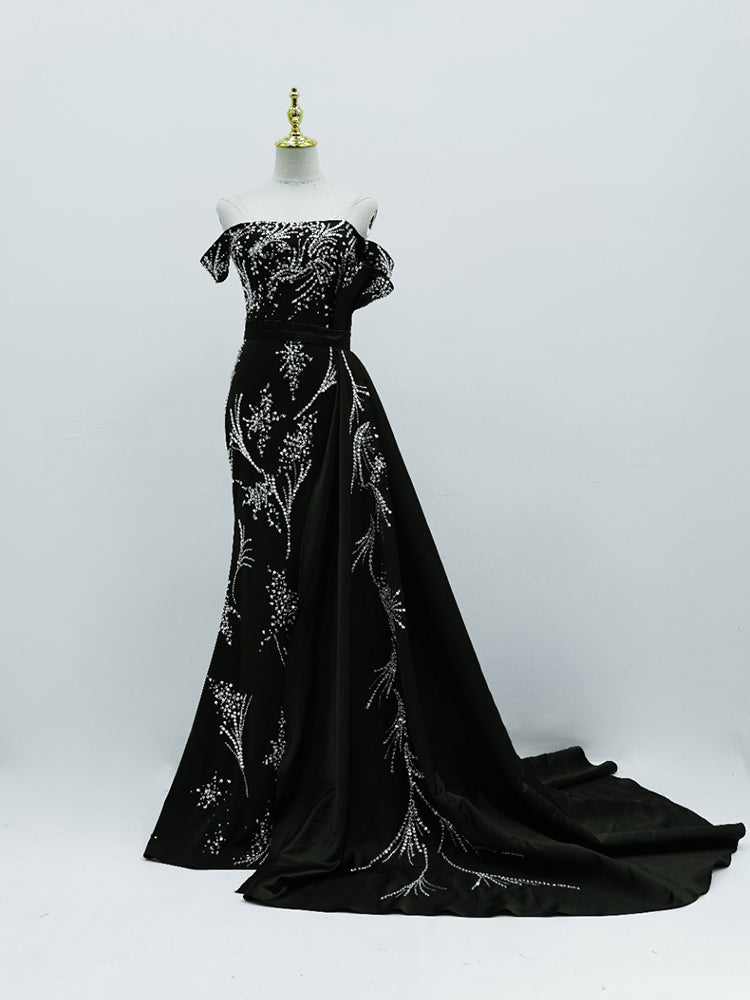 Black Off-Shoulder Mermaid Gown | Silver Crystal Plant-Pattern Formal Evening Dress with Train