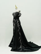 Black Off-Shoulder Mermaid Gown | Silver Crystal Plant-Pattern Formal Evening Dress with Train