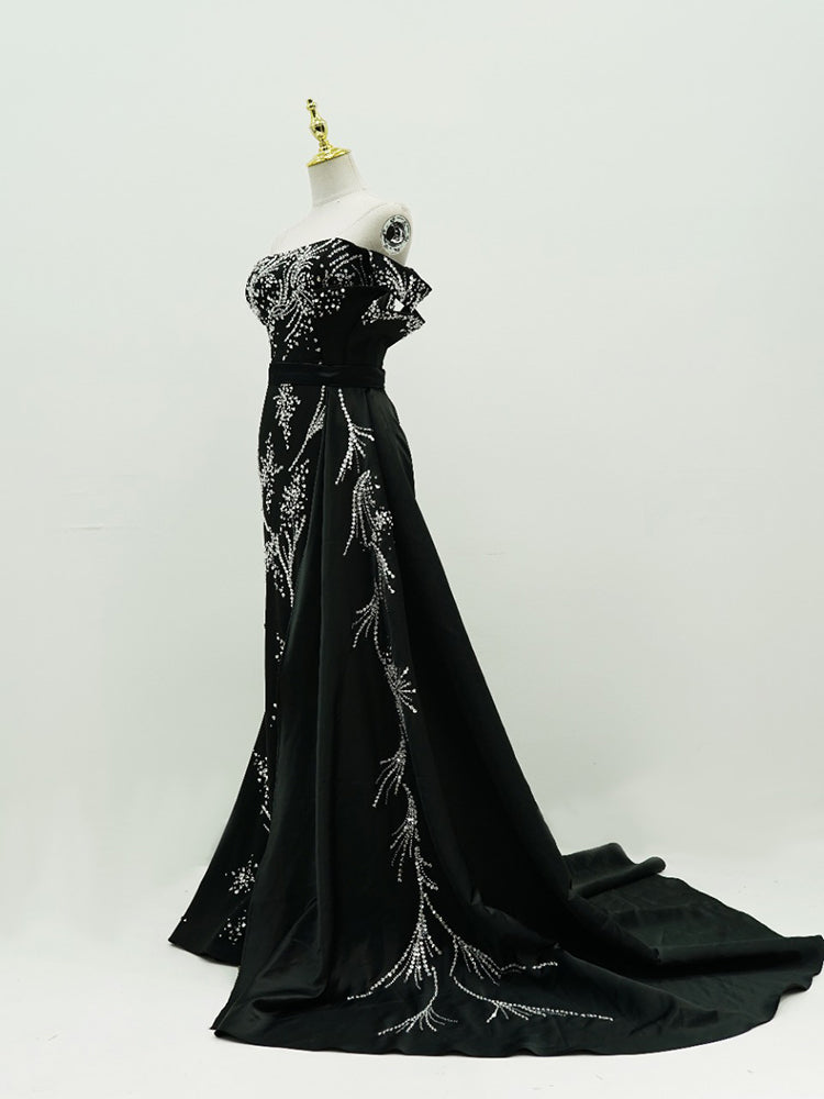 Black Off-Shoulder Mermaid Gown | Silver Crystal Plant-Pattern Formal Evening Dress with Train