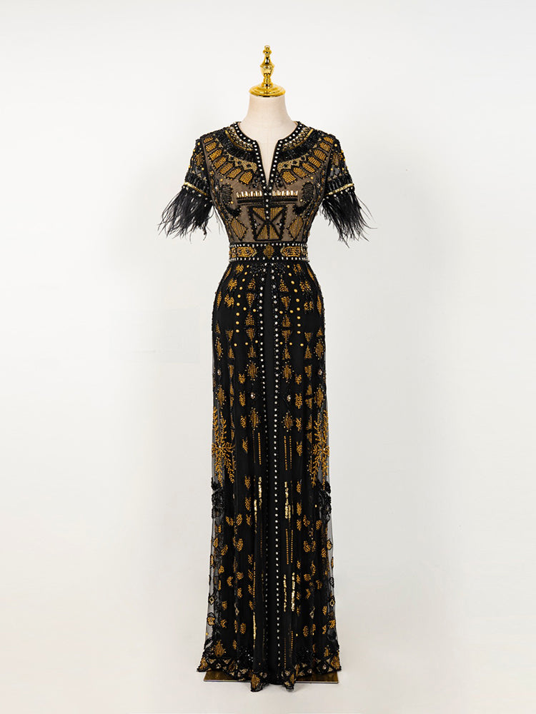 Black & Gold Art Deco Beaded Gown | Feather Sleeve Sheer Mesh Formal Evening Dress