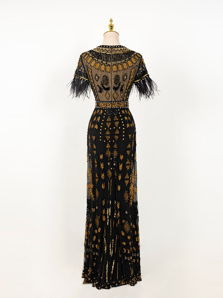 Black & Gold Art Deco Beaded Gown | Feather Sleeve Sheer Mesh Formal Evening Dress