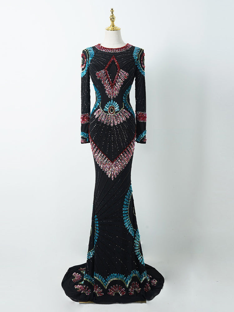 Black Mermaid Gown with Multi-Color Sequin Totem | Long Sleeve Formal Evening Dress with Train