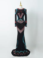 Black Mermaid Gown with Multi-Color Sequin Totem | Long Sleeve Formal Evening Dress with Train
